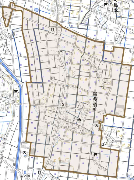 鵜多須町とその周辺の地図。町の範囲を重ねている