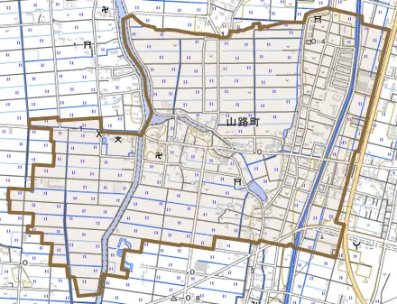 山路町とその周辺の地図。町の範囲を重ねている