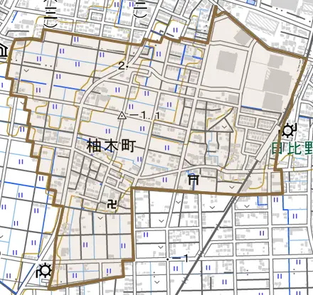 柚木町とその周辺の地図。町の範囲を重ねている
