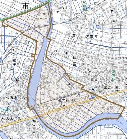 善太新田町とその周辺の地図。町の範囲を重ねている