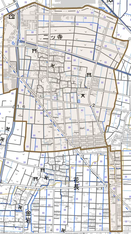 二ツ寺とその周辺の地図。町の範囲を重ねている