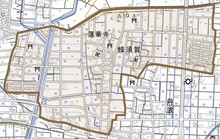 蜂須賀とその周辺の地図。町の範囲を重ねている