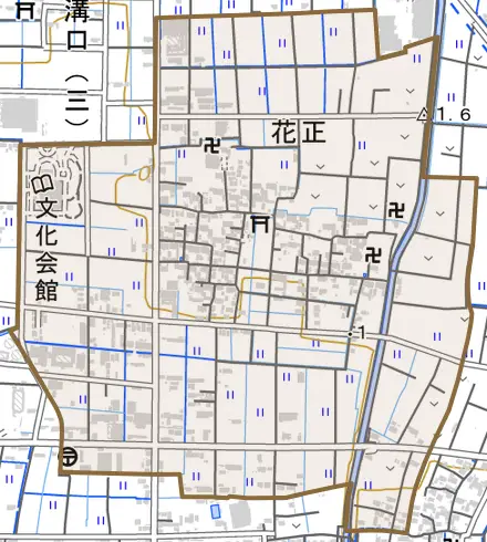 花正とその周辺の地図。町の範囲を重ねている