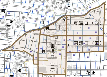 東溝口とその周辺の地図。町の範囲を重ねている