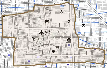 本郷とその周辺の地図。町の範囲を重ねている