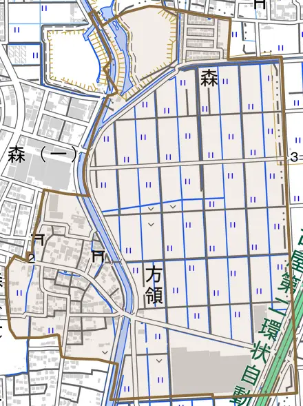 方領とその周辺の地図。町の範囲を重ねている