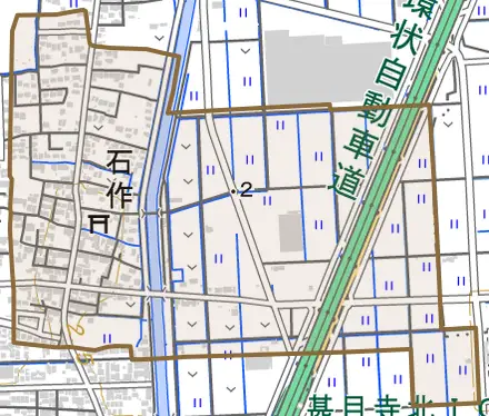 石作とその周辺の地図。町の範囲を重ねている