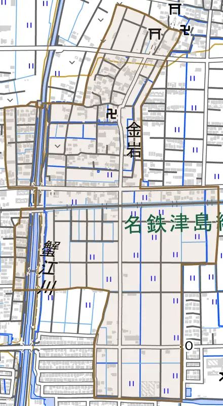 金岩とその周辺の地図。町の範囲を重ねている