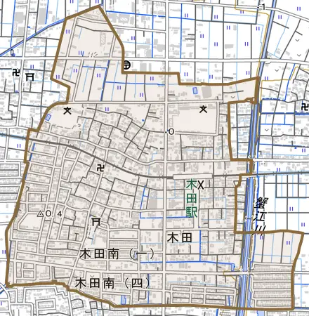 木田とその周辺の地図。町の範囲を重ねている