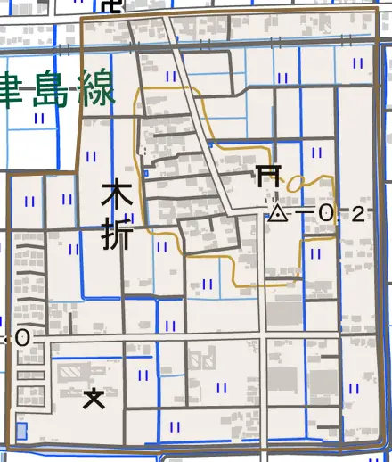木折とその周辺の地図。町の範囲を重ねている