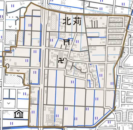 北苅とその周辺の地図。町の範囲を重ねている