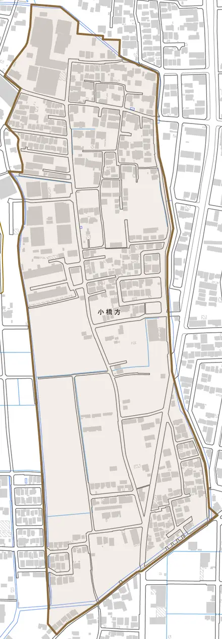 小橋方とその周辺の地図。町の範囲を重ねている