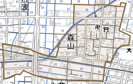 森山とその周辺の地図。町の範囲を重ねている
