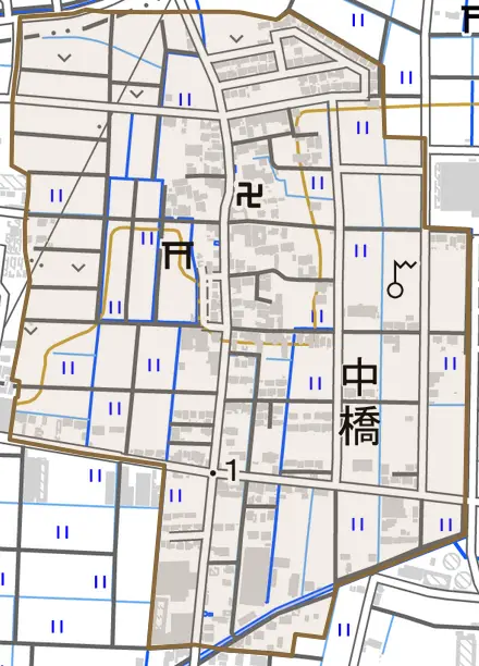 中橋とその周辺の地図。町の範囲を重ねている