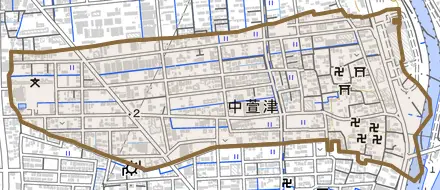 中萱津とその周辺の地図。町の範囲を重ねている