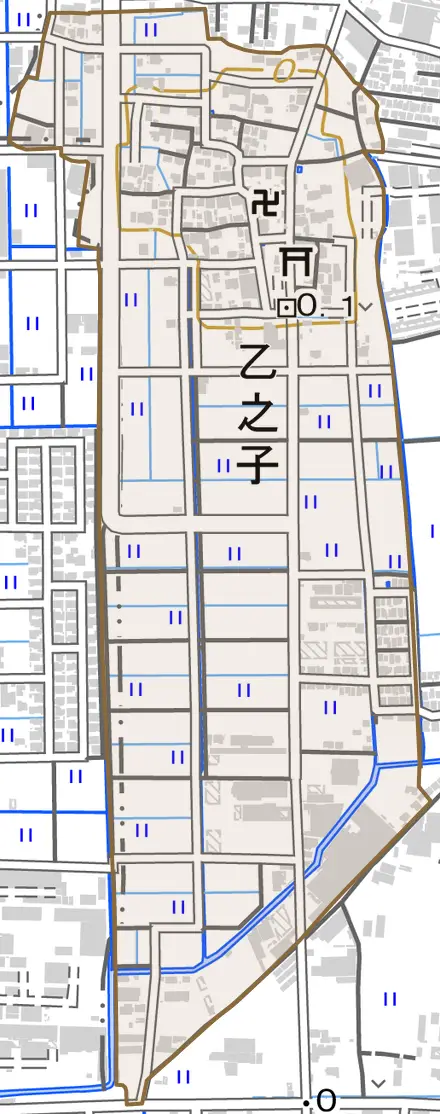 乙之子とその周辺の地図。町の範囲を重ねている