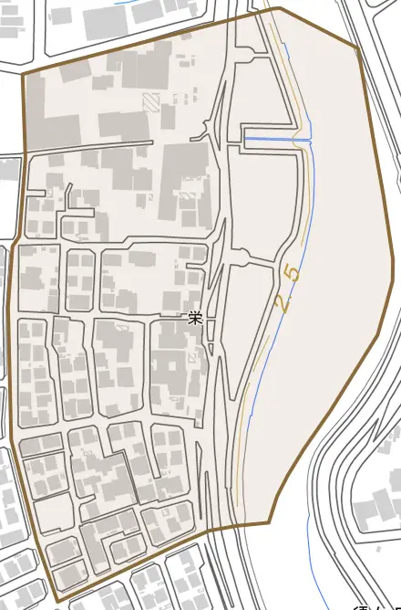 栄とその周辺の地図。町の範囲を重ねている
