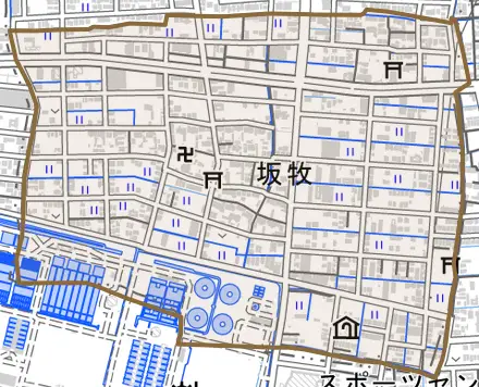 坂牧とその周辺の地図。町の範囲を重ねている