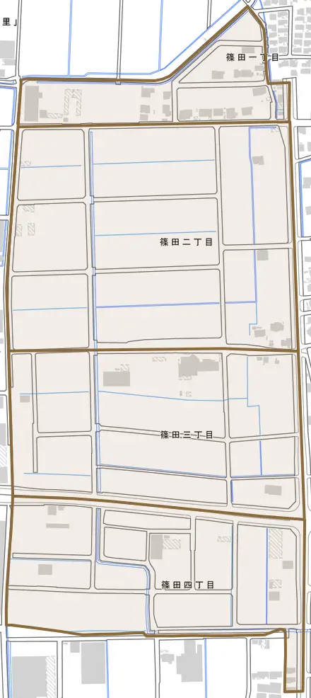 篠田とその周辺の地図。町の範囲を重ねている