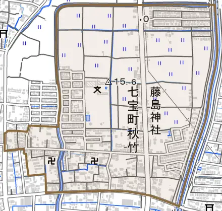 七宝町秋竹とその周辺の地図。町の範囲を重ねている