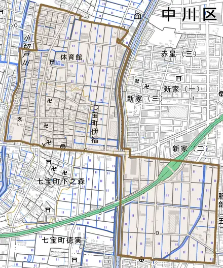 七宝町伊福とその周辺の地図。町の範囲を重ねている