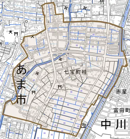 七宝町桂とその周辺の地図。町の範囲を重ねている