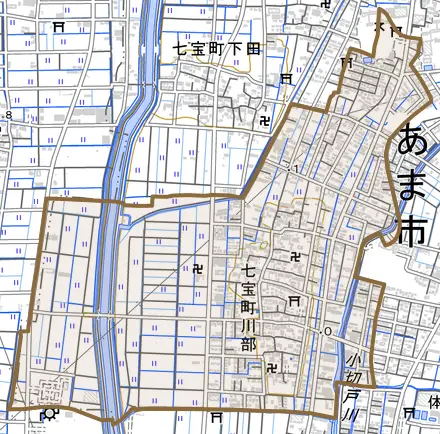 七宝町川部とその周辺の地図。町の範囲を重ねている