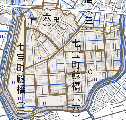 七宝町鯰橋とその周辺の地図。町の範囲を重ねている