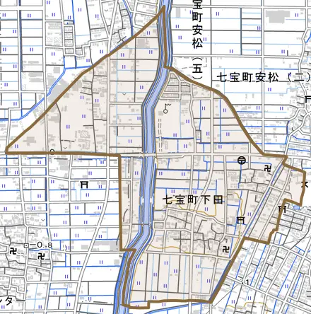 七宝町下田とその周辺の地図。町の範囲を重ねている