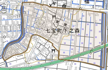 七宝町下之森とその周辺の地図。町の範囲を重ねている