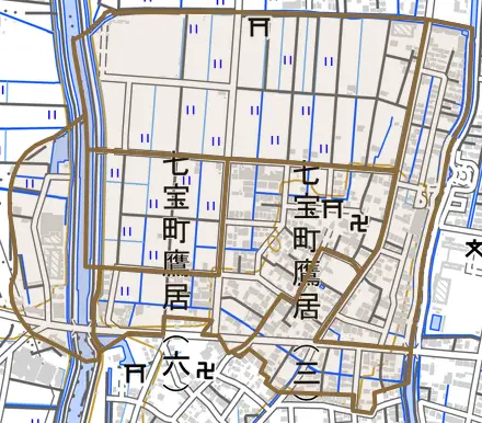 七宝町鷹居とその周辺の地図。町の範囲を重ねている