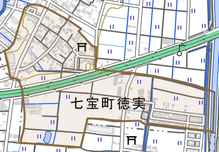 七宝町徳実とその周辺の地図。町の範囲を重ねている