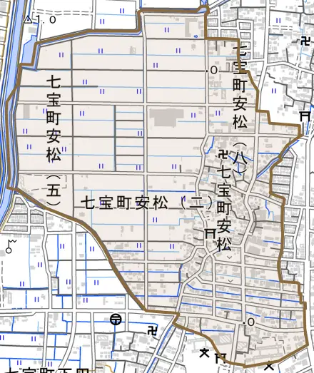 七宝町安松とその周辺の地図。町の範囲を重ねている
