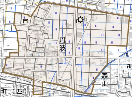 丹波とその周辺の地図。町の範囲を重ねている