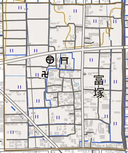 富塚とその周辺の地図。町の範囲を重ねている
