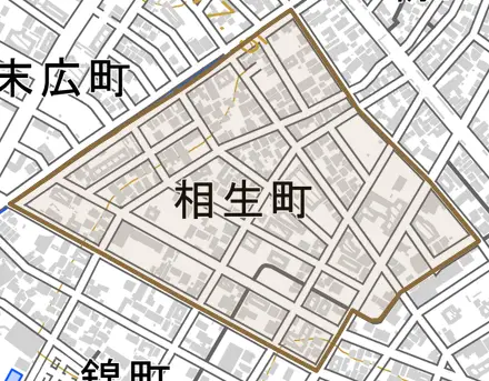 相生町とその周辺の地図。町の範囲を重ねている