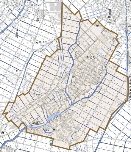 赤松町とその周辺の地図。町の範囲を重ねている
