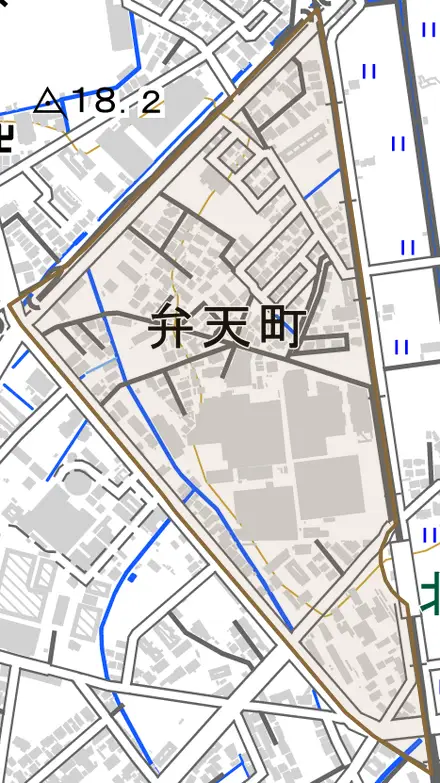 弁天町とその周辺の地図。町の範囲を重ねている