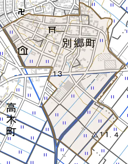 別郷町とその周辺の地図。町の範囲を重ねている