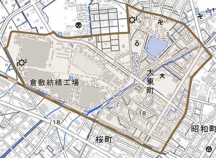 大東町とその周辺の地図。町の範囲を重ねている