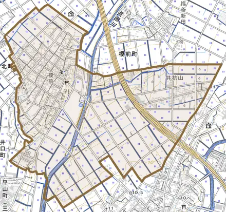 榎前町とその周辺の地図。町の範囲を重ねている