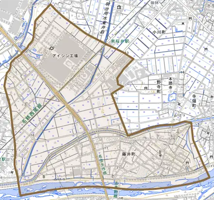 藤井町とその周辺の地図。町の範囲を重ねている