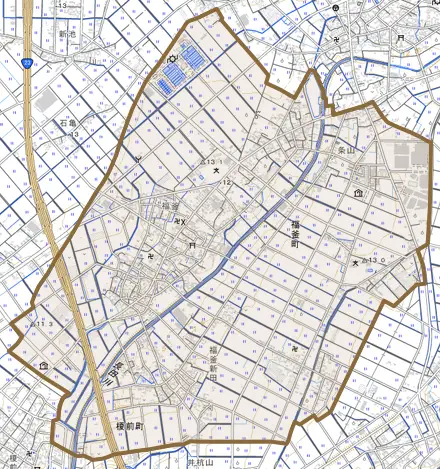 福釜町とその周辺の地図。町の範囲を重ねている
