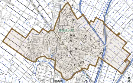 古井町とその周辺の地図。町の範囲を重ねている