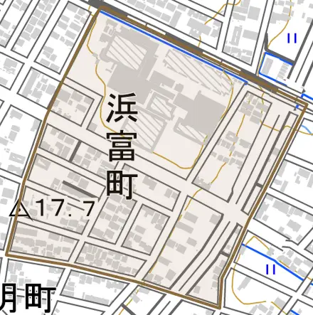 浜富町とその周辺の地図。町の範囲を重ねている