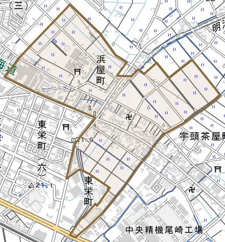 浜屋町とその周辺の地図。町の範囲を重ねている
