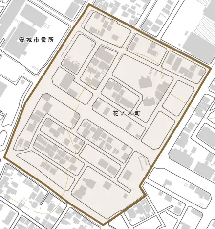 花ノ木町とその周辺の地図。町の範囲を重ねている
