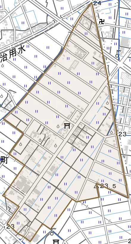 橋目町とその周辺の地図。町の範囲を重ねている