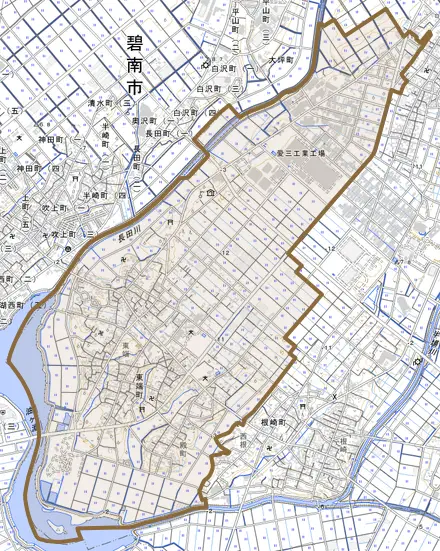 東端町とその周辺の地図。町の範囲を重ねている