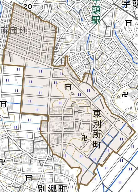 東別所町とその周辺の地図。町の範囲を重ねている